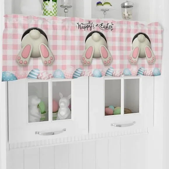 Easter Curtain Valances for Windows, Bunny Easter Eggs Floral Spring Pink Plaid - Picture 6 of 8